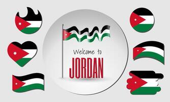 Set of Jordan flags and waving Jordan flag with the inscription Welcome to Jordan. vector