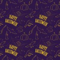 Seamless Halloween Pattern with Pumpkin, Ghost, Bat, and Happy Halloween text vector