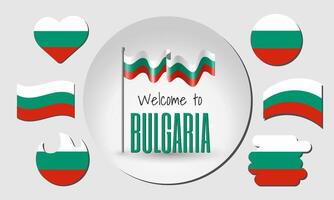 Waving flag of Bulgaria with the inscription Welcome to Bulgaria. Different versions of the flag in the shape of a heart, circle, arc, etc. vector