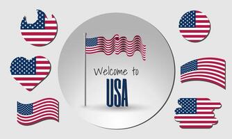 Waving flag of the United States of America with the inscription Welcome to the USA. Different versions of the flag in the shape of a heart, circle, arc, etc. vector