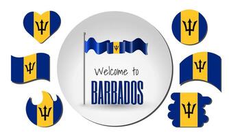 Waving flag of Barbados with the inscription Welcome to Barbados. Different versions of the flag in the shape of a heart, circle, arc, etc. vector