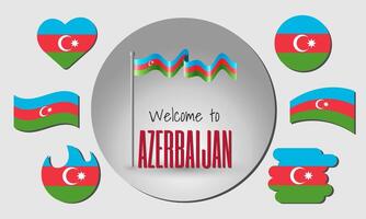 Waving flag of Azerbaijan with the inscription Welcome to Azerbaijan. Different versions of the flag in the shape of a heart, circle, arc, etc. vector
