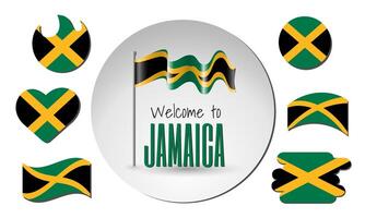 Waving flag of Jamaica with the inscription Welcome to Jamaica. Different versions of the flag in the shape of a heart, circle, arc, etc. vector