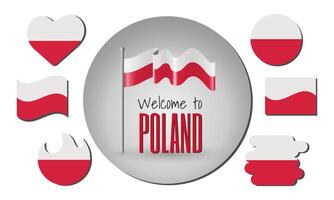 Waving flag of Poland with the inscription Welcome to Poland. Different versions of the flag in the shape of a heart, circle, arc, etc. vector
