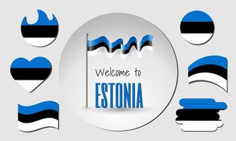 Waving flag of Estonia with the inscription Welcome to Estonia. Different versions of the flag in the shape of a heart, circle, arc, etc. vector