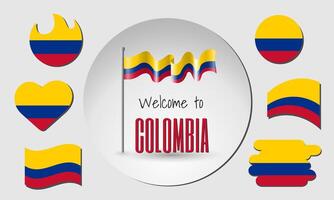 Set of Colombia flags and waving Colombian flag in vecto with the inscription Welcome to Colombia. vector
