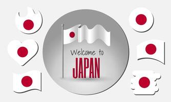 Waving flag of Japan with the inscription Welcome to Japan. Different versions of the flag in the shape of a heart, circle, arc, etc. vector