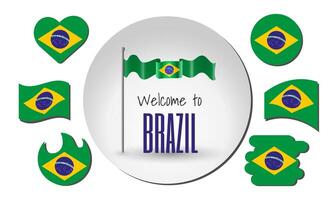 Waving flag of Brazil with the inscription Welcome to Brazil. Different versions of the flag in the shape of a heart, circle, arc, etc. vector