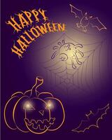 Halloween with pumpkin, bats, and spiderweb vector
