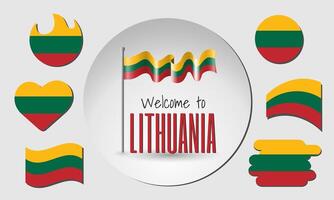 Set of Lithuania flags and waving Lithuanian flag with the inscription Welcome to Lithuania. vector