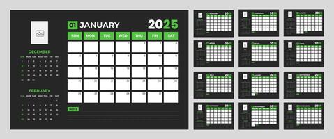 corporate Monthly pages dark color Planner Calendar Templates 2025 set. wall or desk simple 2025 Planner Calendar bundle with week start on Sunday. Set of 12 Months 2025 Wall quarterly calendar. vector