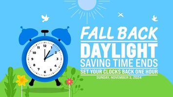 Fall Back daylight saving time ends 2024 background or banner design template. Fall Back Time 2024 is observed every year in November. Set Your Clock Back One Hour banner with clock. vector