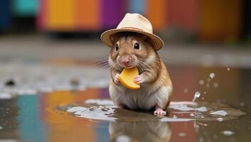 Mouse wearing a straw hat plays with a cheese chunk in a puddle photo