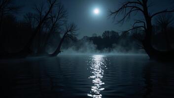 Spectral moonlit swamp with wispdancing fog dark waters twisted trees casting eerie shadows under the full moons glow photo