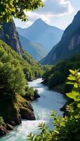 A summer landscape showcases a picturesque mountainous scene with verdant rivers and lush greenery photo