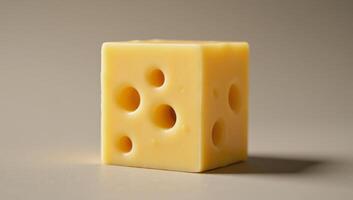 A digital illustration portraying a photorealistic cube made entirely out of Swiss cheese highlighting its characteristic holes photo