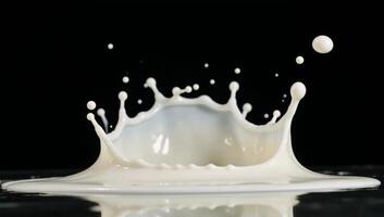 Highspeed image of dynamic milk splash against black backdrop representing dairy concept through dynamic motion and texture photo