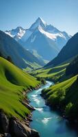Serene mountain landscape with river and green hills depicted digitally in art style photo