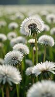 A dandelion field shimmering with polluted light and wispy puffballs amidst the haze photo