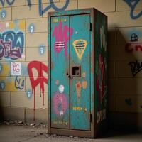 Locker adorned in grungy graffitied style against an abstract backdrop of vibrant colors photo