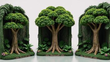 Digital artwork featuring jungle tree silhouettes against layered 3D rendered background scenes photo