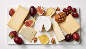 Aerial view of traditional French cheese platter on white backdrop photo