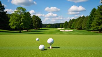 Stylized image featuring peaceful golf course landscape with undulating greens and towering trees photo