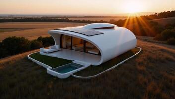 A sleek minimalist and luxurious ecohome sits on a hill at dusk under the warm glow of golden hour adorned with modern architecture sustainable design elements like photovoltaic solar panels and photo
