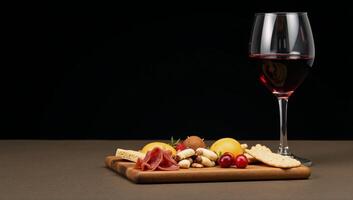 Two glasses of wine and charcuterie board set against a dark minimalist backdrop with ample room for text photo