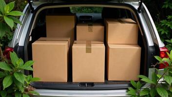Packed car trunk filled with cardboard boxes amidst nature photo