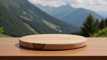 Wooden display table with empty circular cutting board against a blurred backdrop of mountains photo