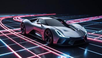 A sleek futuristic sports car at an illuminated wireframe intersection showcased through dynamic 3D illustrations featuring vivid custom LED lighting photo