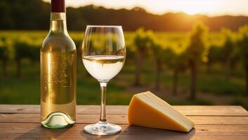Outdoor scene Sunlit vineyard backdrop with glass white wine cheese and wood table for an al fresco setting at twilight Copy Space photo