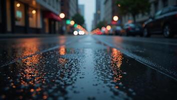 Moody urban nightscape Rainslicked empty streets with reflectionflecked wet asphalt and atmospheric fog against the backdrop of blurred city lights photo