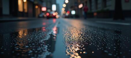 Moody urban nightscape Rainslicked empty streets with reflectionflecked wet asphalt and atmospheric fog against the backdrop of blurred city lights photo