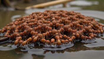 Fire ants construct a floating raft amidst floodwaters linked together intricately photo
