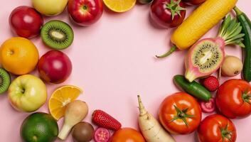 Arrangement of assorted produce in a circular pattern against a dualtone backdrop pink white photo