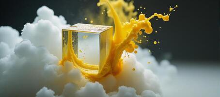 In an abstract art style a blurred mist cloud paints the flow of water over a glossy cube creating a mysterious scene with swirling whiteyellow fumes and splashes against a geometric backdrop photo