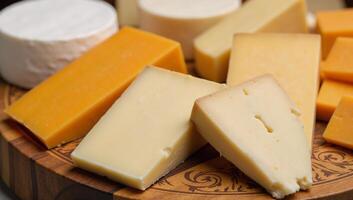 Varied cheeses displayed on a patterned platter with slices and cubes photo