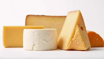 Gourmet cheeses arranged with varied textures and hues against a pristine backdrop photo