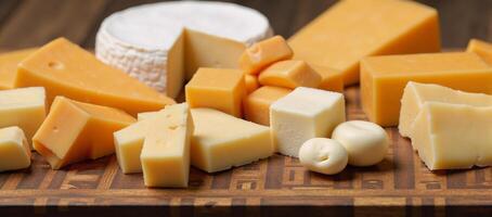 Varied cheeses displayed on a patterned platter with slices and cubes photo