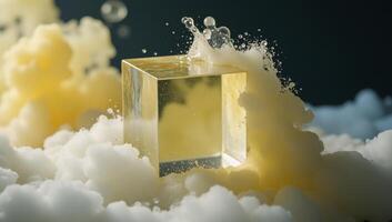 In an abstract art style a blurred mist cloud paints the flow of water over a glossy cube creating a mysterious scene with swirling whiteyellow fumes and splashes against a geometric backdrop photo