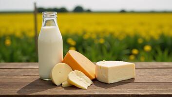 Dairy products displayed on a rustic wood table amidst a farms rolling fields photo