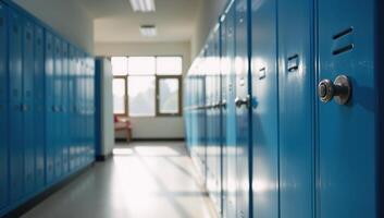Sunlit school hall with organized blue lockers portraying calmness and organization in an academic setting Clean Serene Style photo