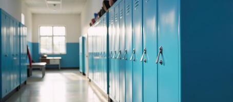Sunlit school hall with organized blue lockers portraying calmness and organization in an academic setting Clean Serene Style photo