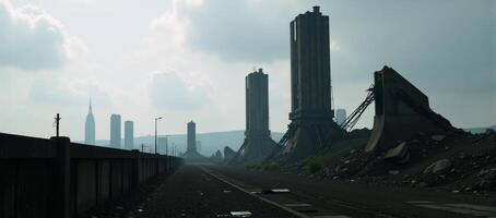 Closeup view of futuristic towers collapsing in an abandoned dark urban skyline emphasizing the double exposure silhouette and signs of abandonment photo