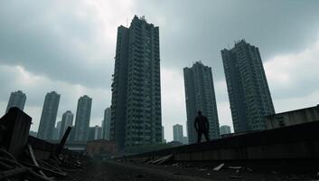 Closeup view of futuristic towers collapsing in an abandoned dark urban skyline emphasizing the double exposure silhouette and signs of abandonment photo