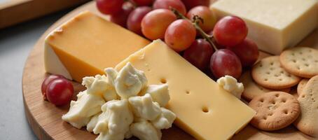 Cheese board with assorted cheeses grapes crackers for breakfast photo