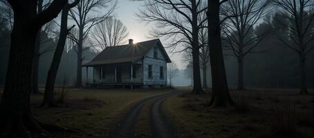 A foggy wintry scene reveals an ominous dimly lit shack in the woods capturing the eeriness and mystery of its surroundings through a longshot wide angle realistic perspective photo