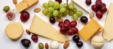 A festive cheeseboard filled with various cheeses grapes nuts olives figs arranged artfully on a clean white background topview showcasing a gourmet holiday appetizer spread photo
